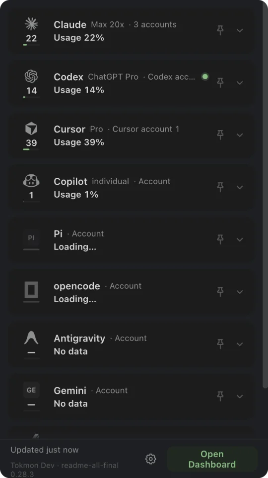 Tokmon menu-bar popover listing providers with quota meters and reset times